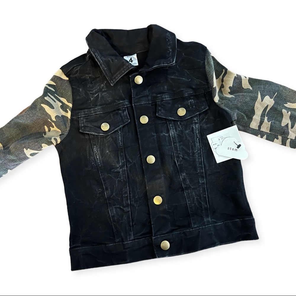 STEM black denim with camouflage denim sleeves size 4 NWT